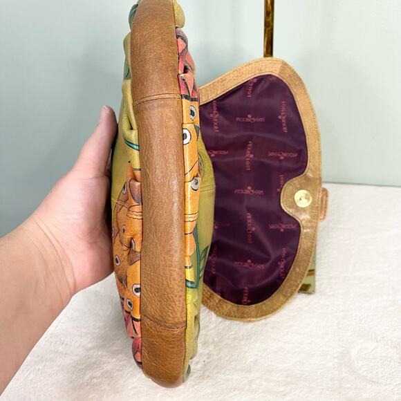 Anuschka Shoulder Bag Womens Tan Floral Genuine Leather Handpainted Art Handbag - Picture 9 of 11